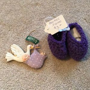 New Baby Ornament & Purple Baby Booties (3-6 mo)